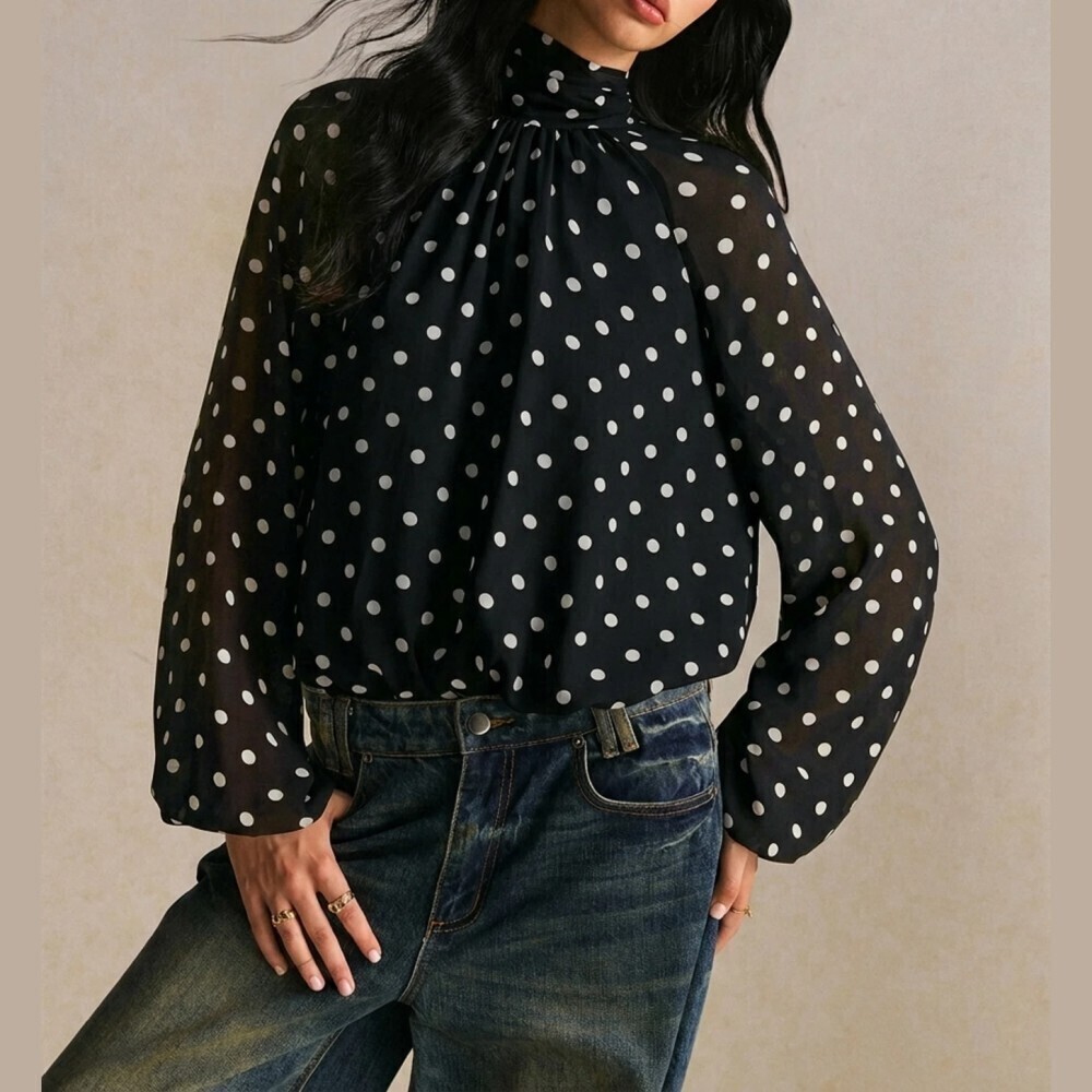 Black Polka Dot Sheer Sleeve Stand Collar Blouson Blouse